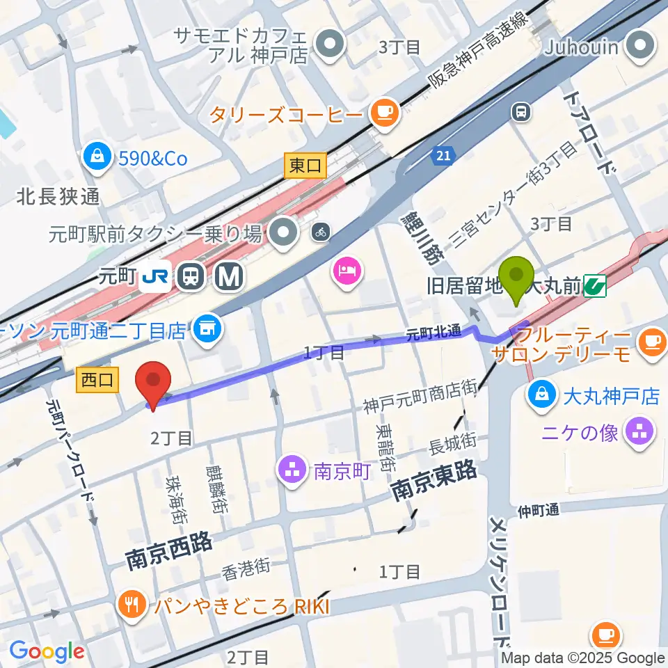 旧居留地・大丸前駅からベースオントップ神戸元町店へのルートマップ地図