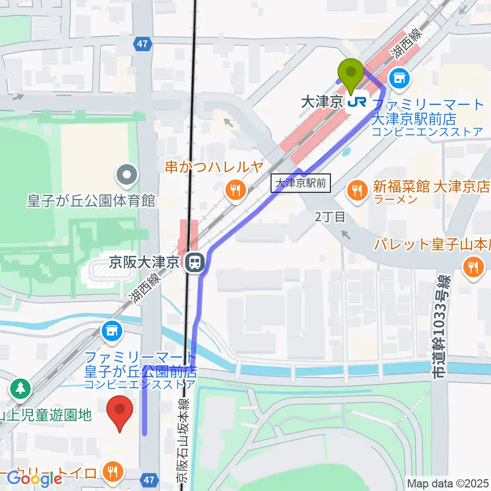 大津京駅からFMおおつへのルートマップ地図