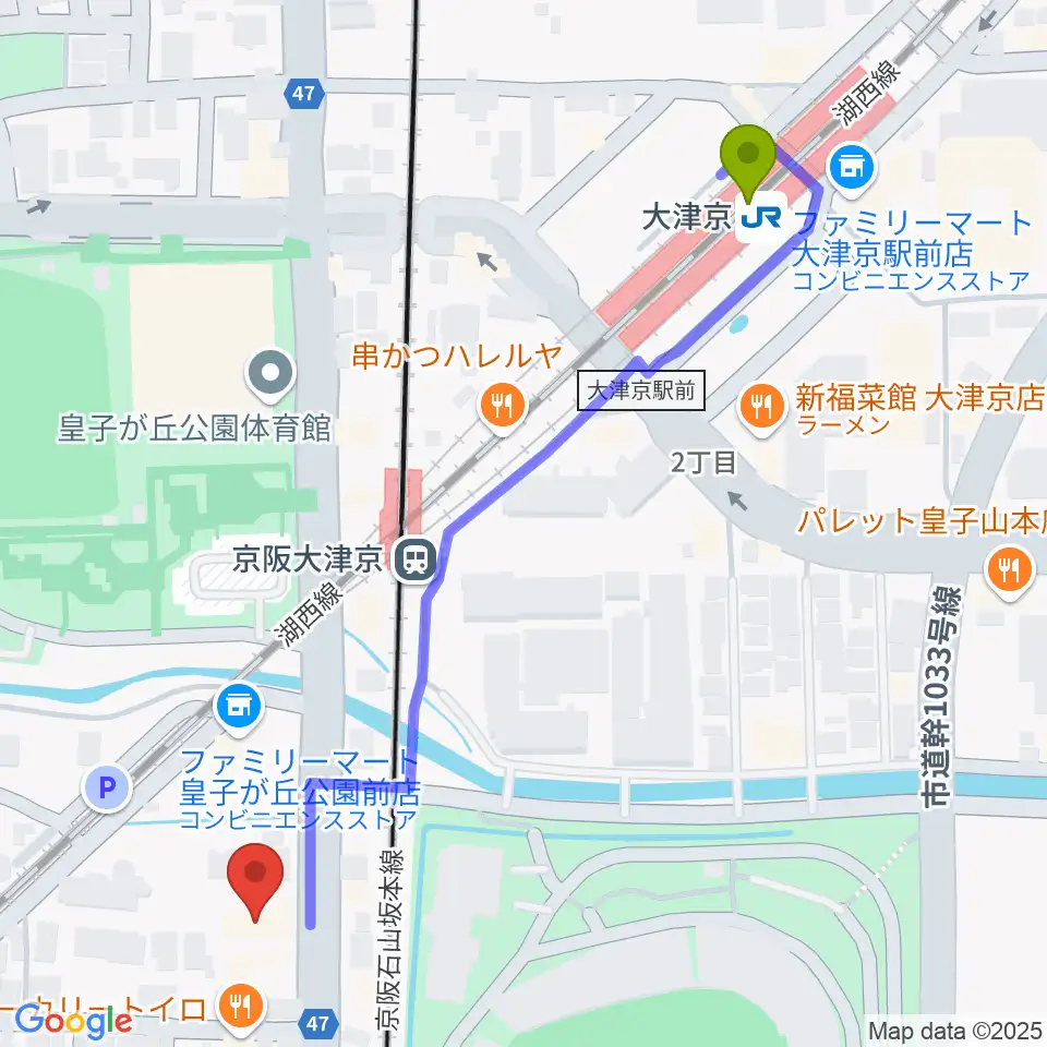 大津京駅からFMおおつへのルートマップ地図