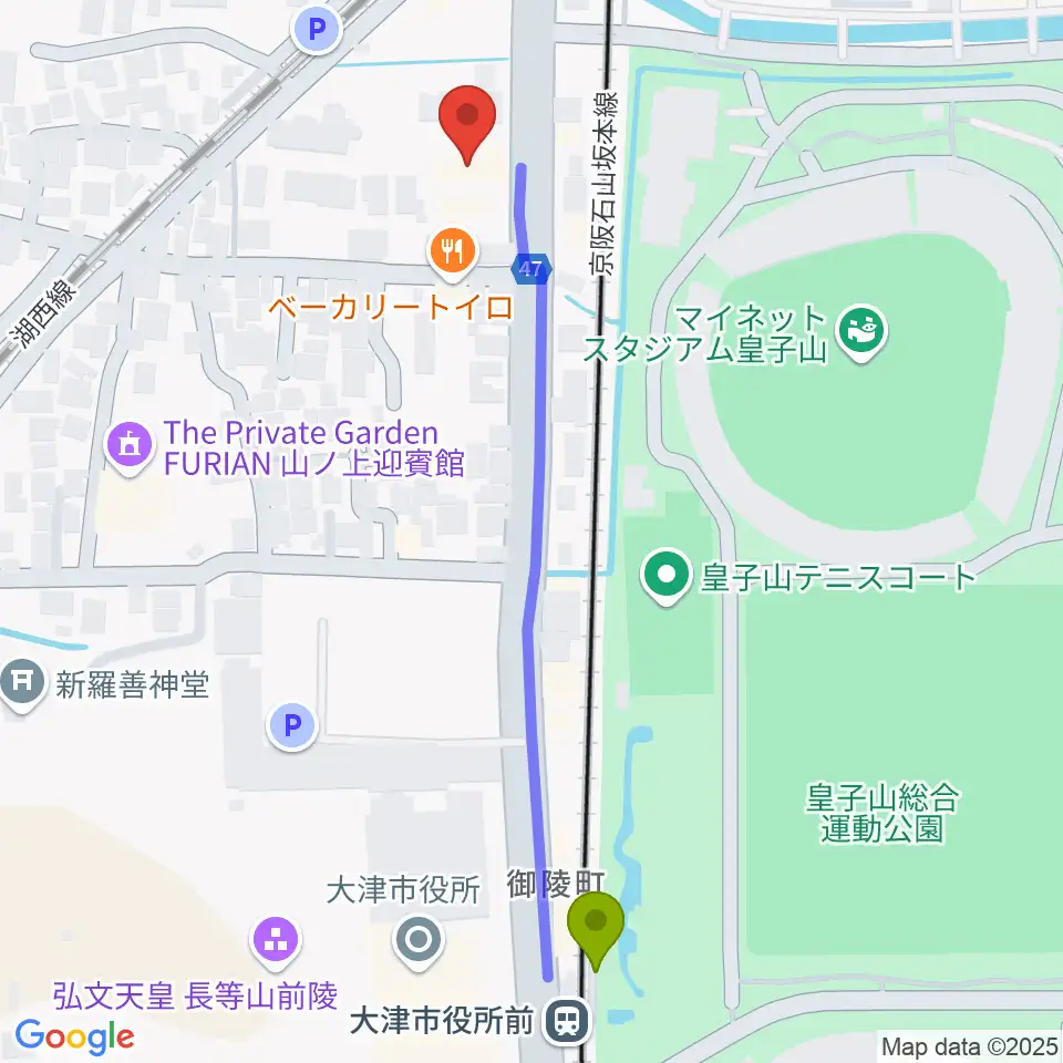 FMおおつの最寄駅大津市役所前駅からの徒歩ルート（約6分）地図