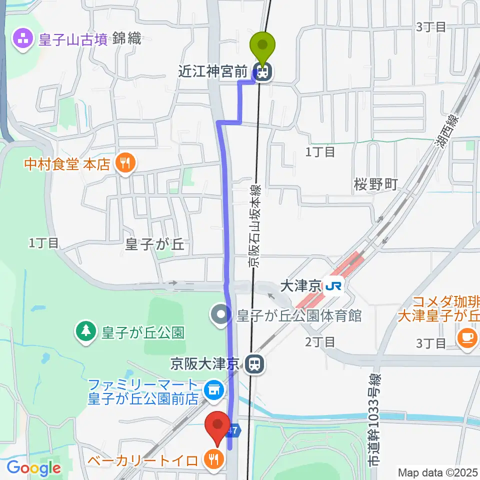 近江神宮前駅からFMおおつへのルートマップ地図