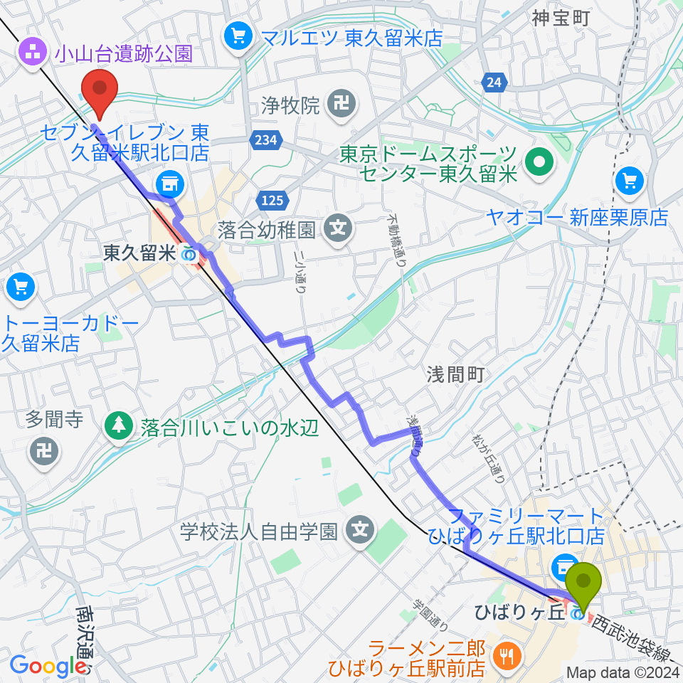 ひばりヶ丘駅からTOKYO854くるめラへのルートマップ地図