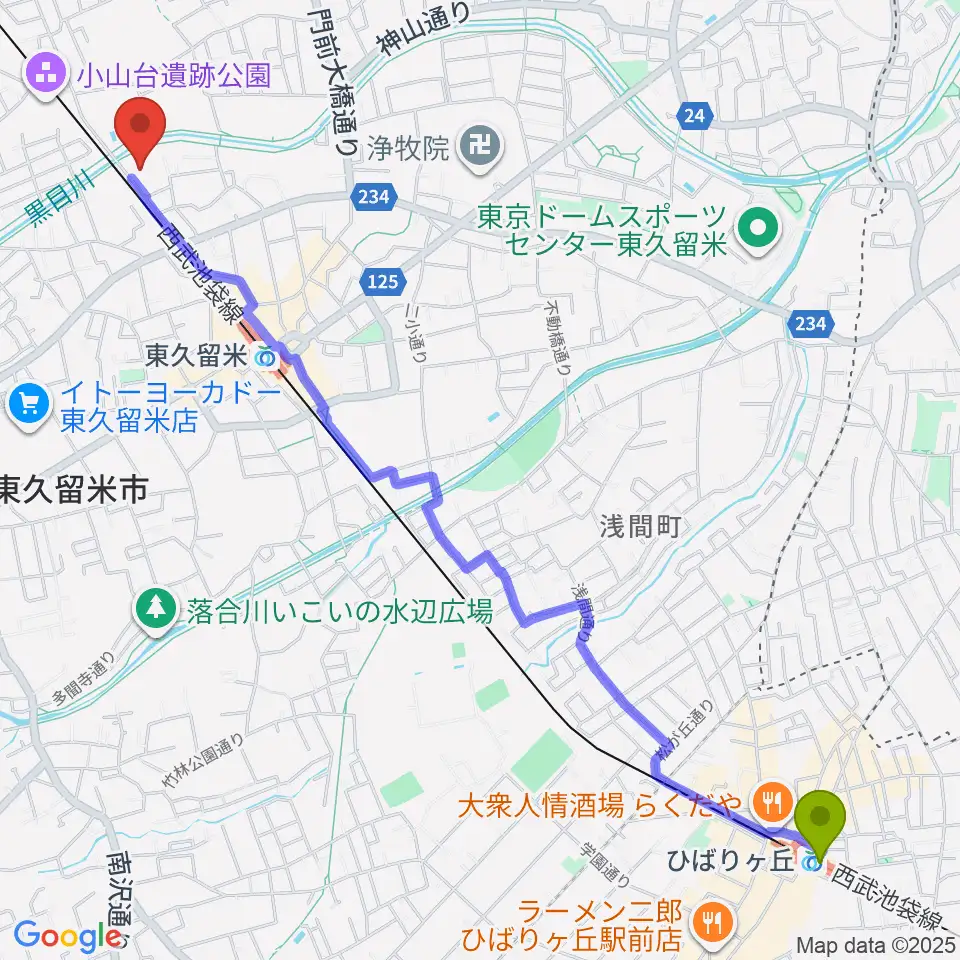 ひばりヶ丘駅からTOKYO854くるめラへのルートマップ地図