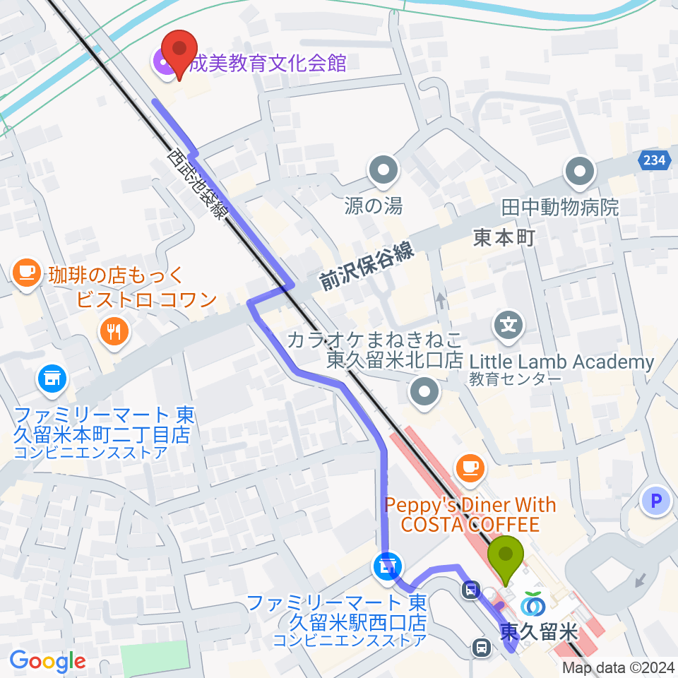 TOKYO854くるめラの最寄駅東久留米駅からの徒歩ルート（約7分）地図