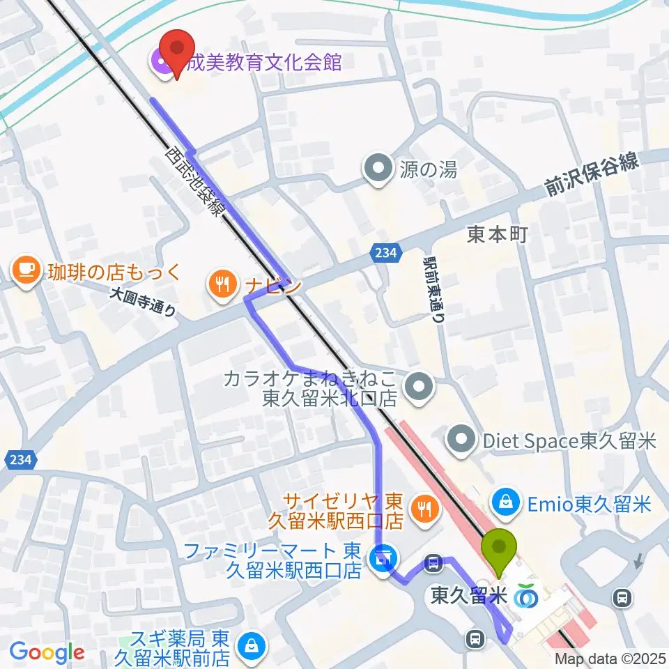 TOKYO854くるめラの最寄駅東久留米駅からの徒歩ルート（約7分）地図