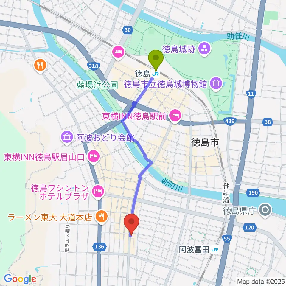 徳島駅から徳島FIGHT CLUBへのルートマップ地図