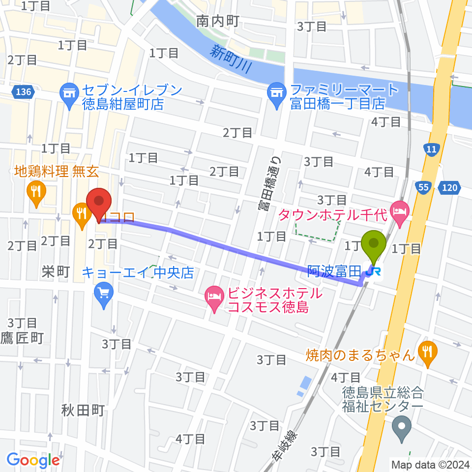徳島FIGHT CLUBの最寄駅阿波富田駅からの徒歩ルート（約9分）地図