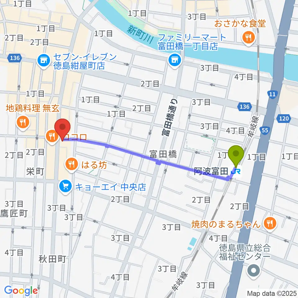 徳島FIGHT CLUBの最寄駅阿波富田駅からの徒歩ルート（約9分）地図