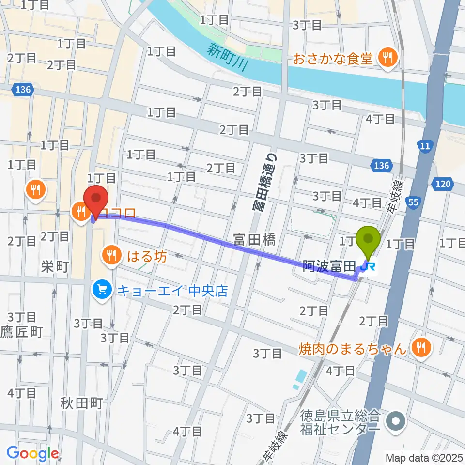 徳島FIGHT CLUBの最寄駅阿波富田駅からの徒歩ルート（約9分）地図