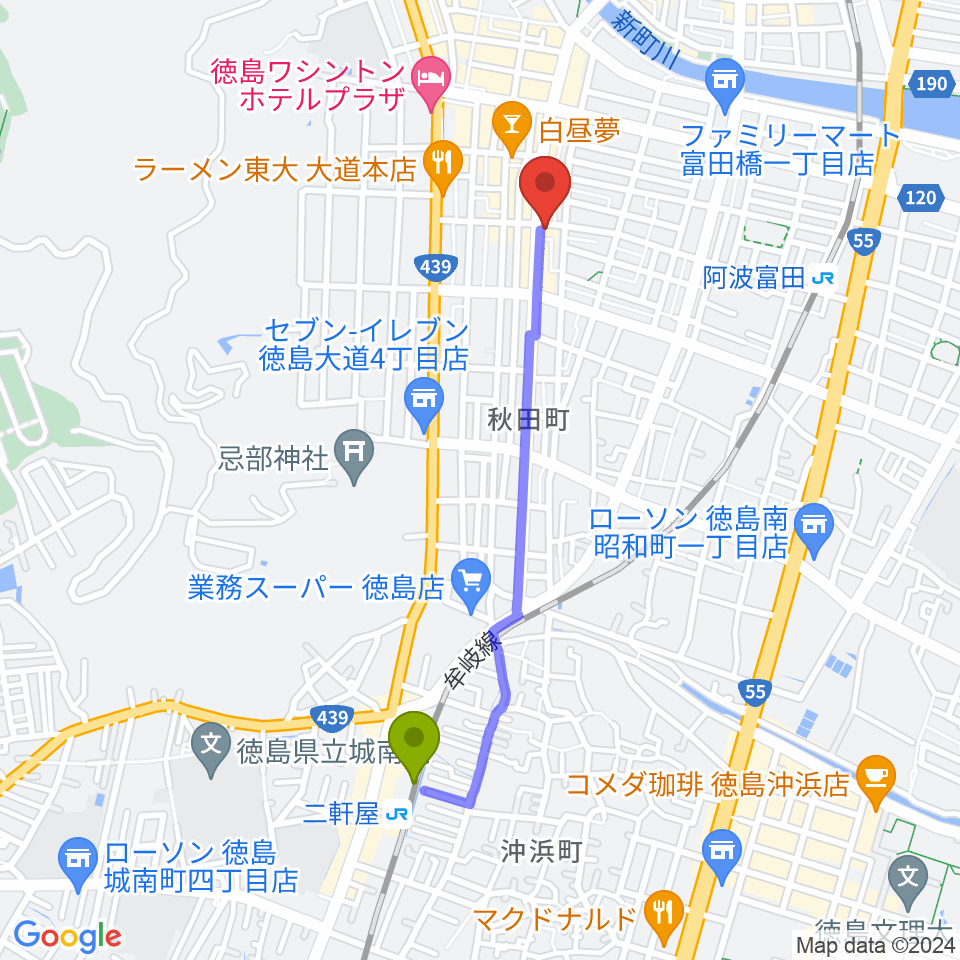 二軒屋駅から徳島FIGHT CLUBへのルートマップ地図