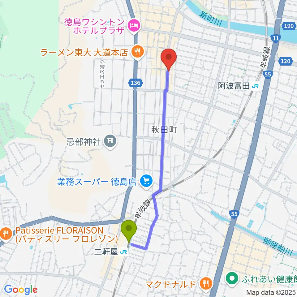 二軒屋駅から徳島FIGHT CLUBへのルートマップ地図