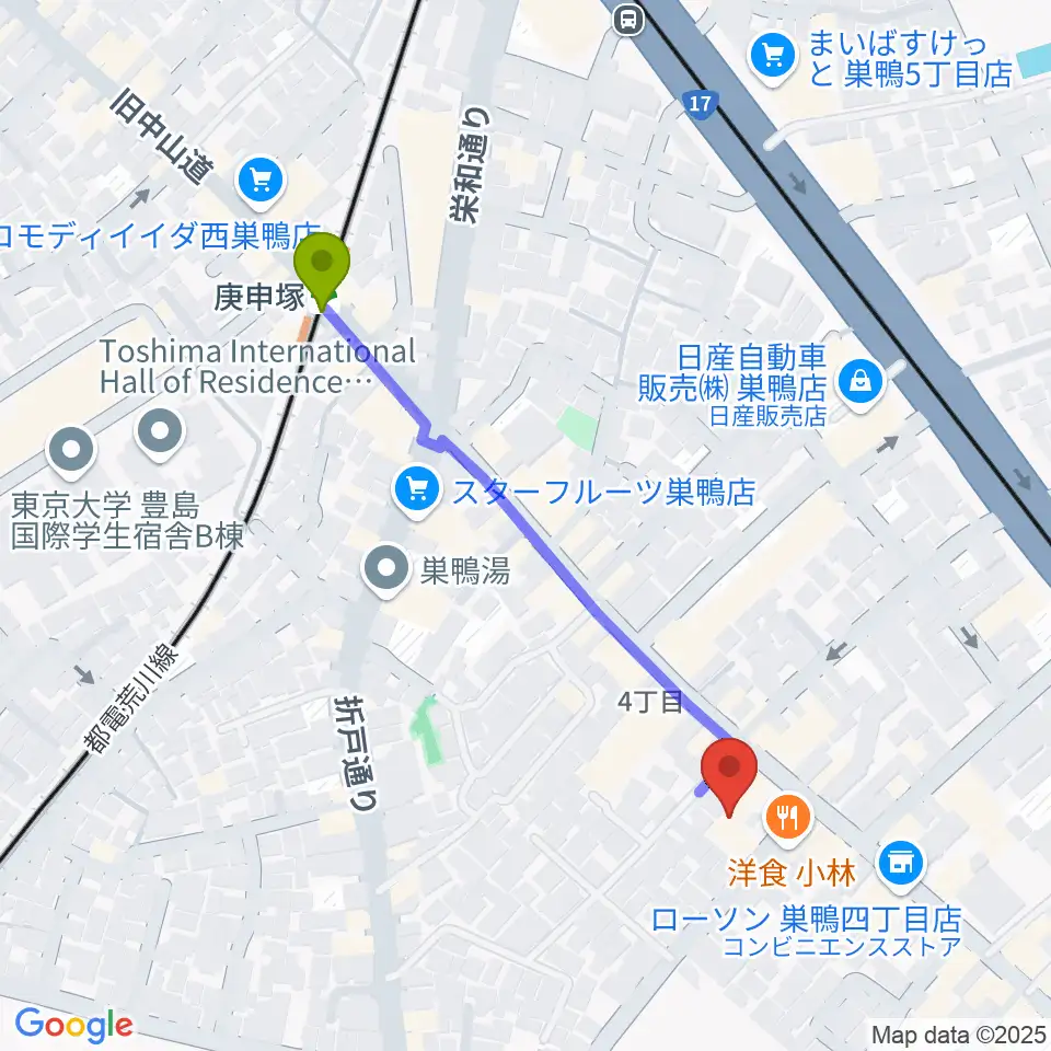 巣鴨地域文化創造館（中山道待夢）の最寄駅庚申塚駅からの徒歩ルート（約5分）地図