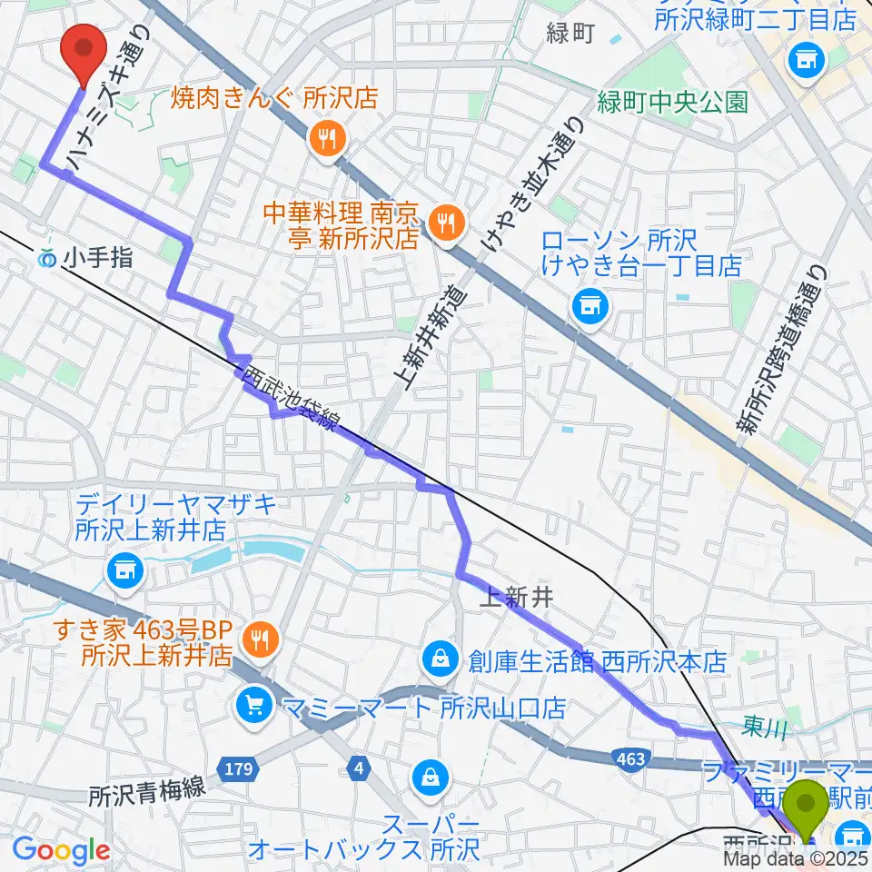 西所沢駅からSound Base KiTiへのルートマップ地図