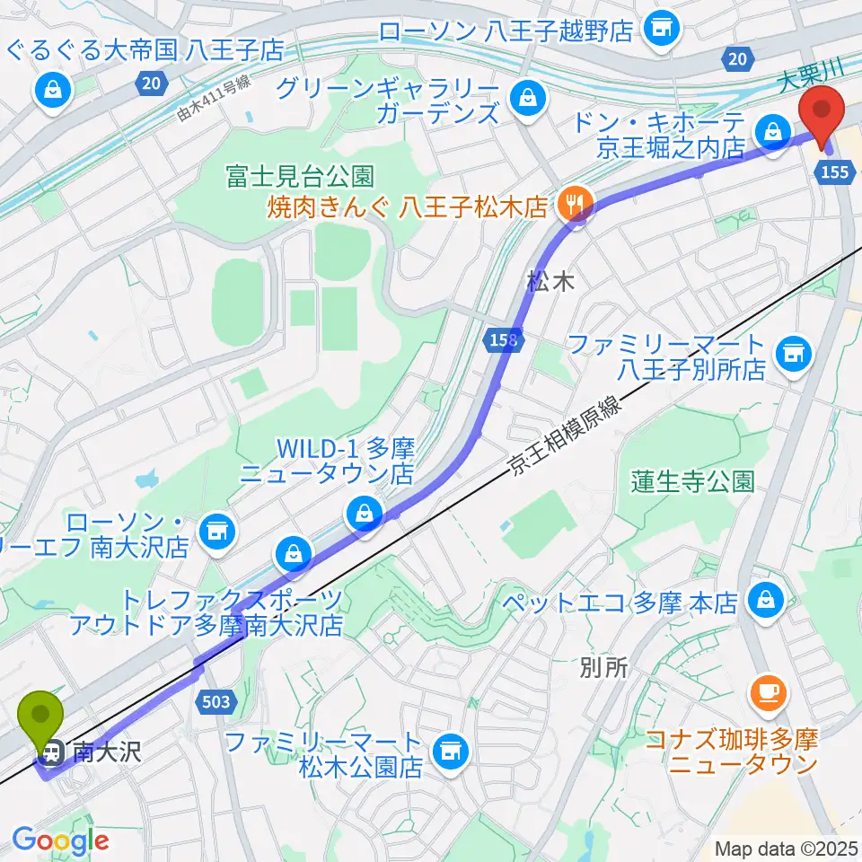 南大沢駅から京王堀之内time tokyoへのルートマップ地図