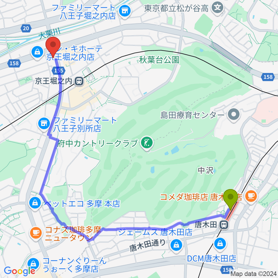 唐木田駅から京王堀之内time tokyoへのルートマップ地図