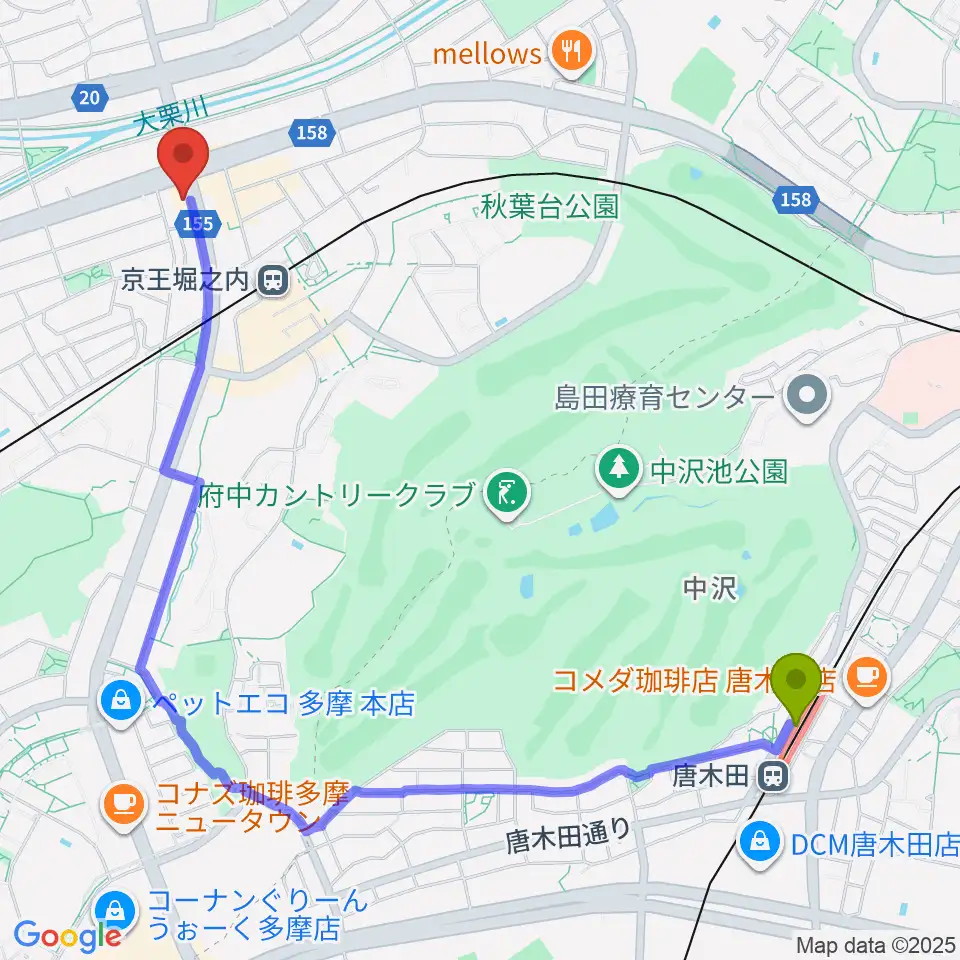 唐木田駅から京王堀之内time tokyoへのルートマップ地図