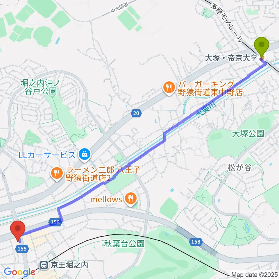 大塚・帝京大学駅から京王堀之内time tokyoへのルートマップ地図