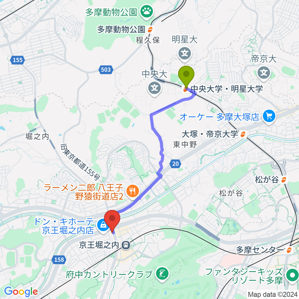 中央大学・明星大学駅から京王堀之内time tokyoへのルートマップ地図