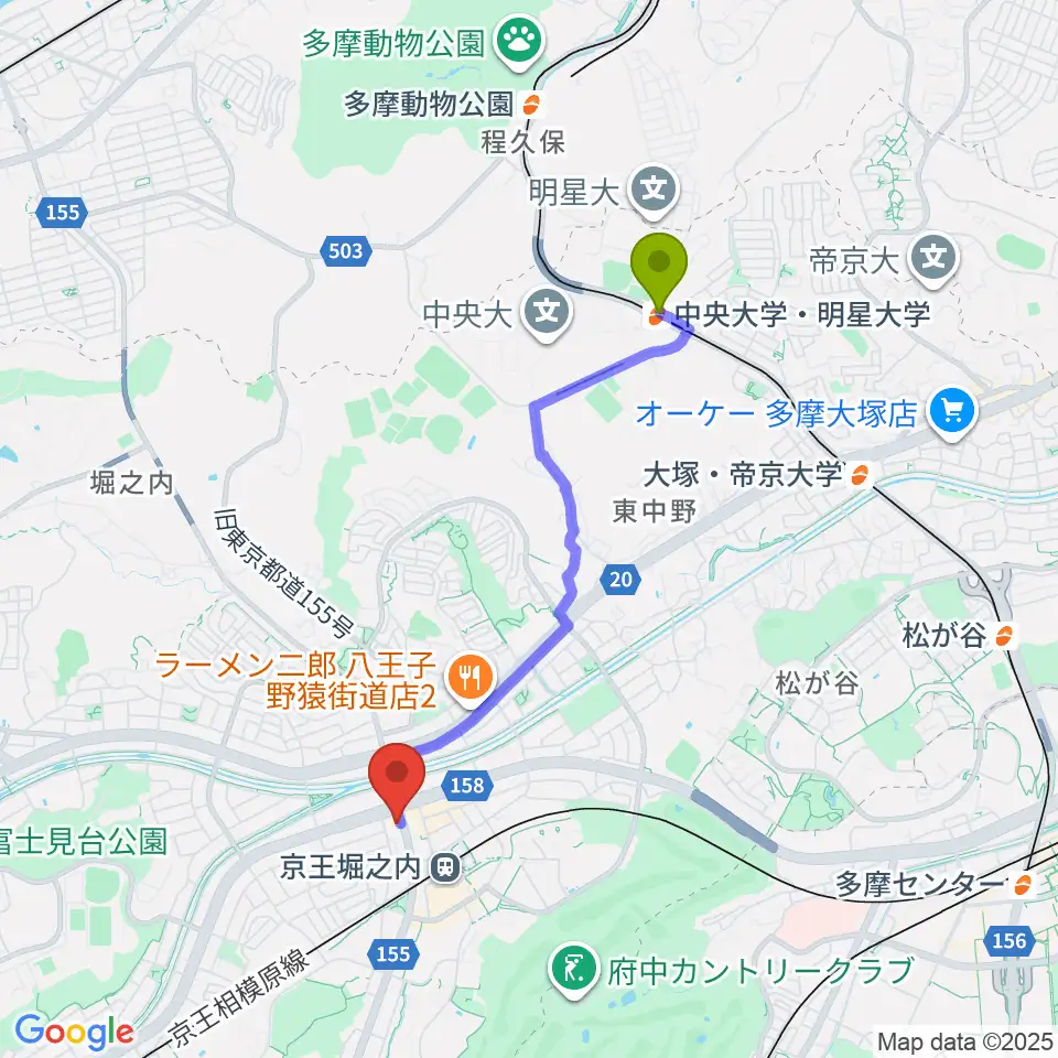 中央大学・明星大学駅から京王堀之内time tokyoへのルートマップ地図