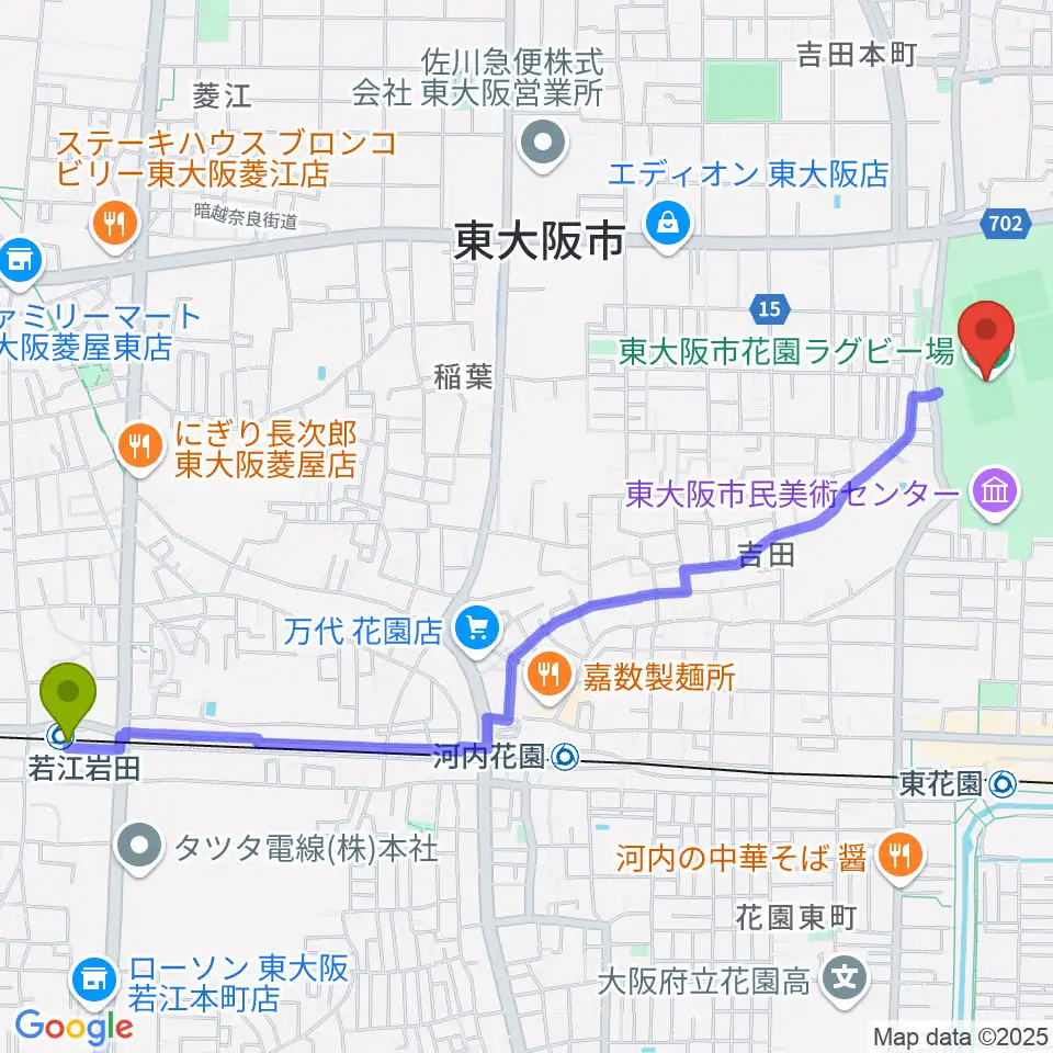 若江岩田駅から東大阪市花園ラグビー場へのルートマップ地図