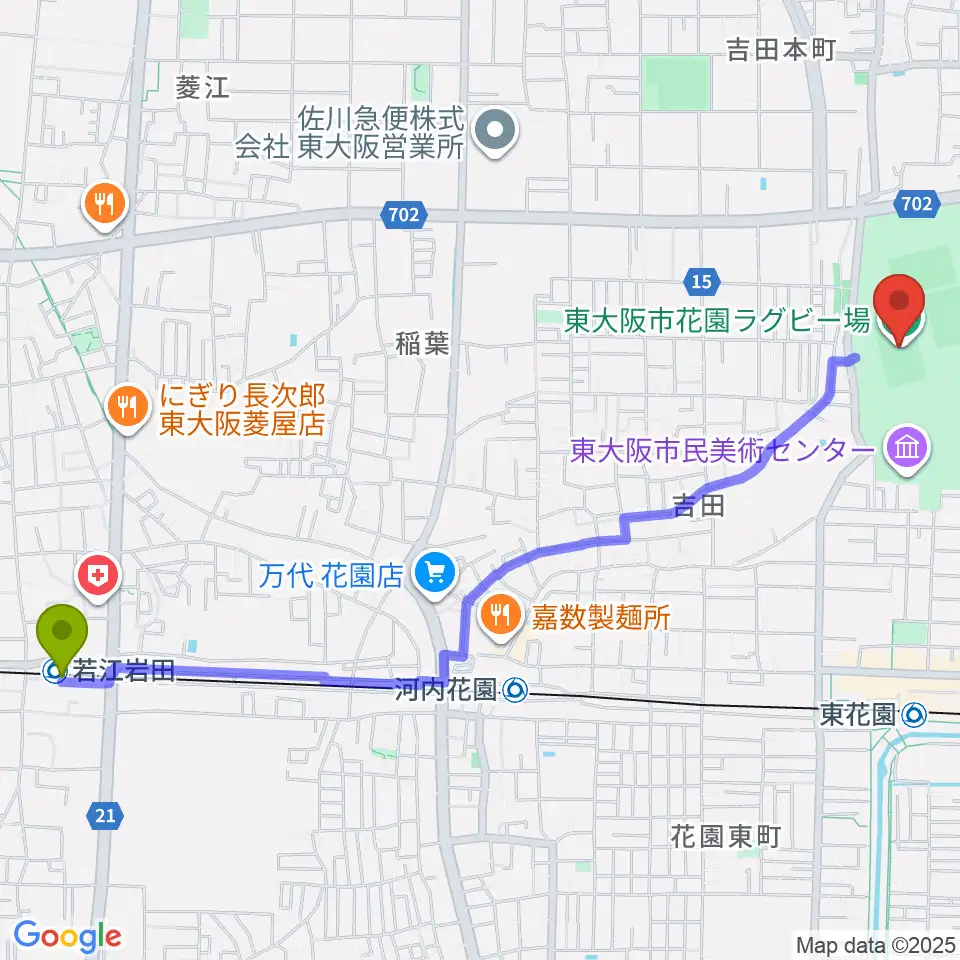 若江岩田駅から東大阪市花園ラグビー場へのルートマップ地図
