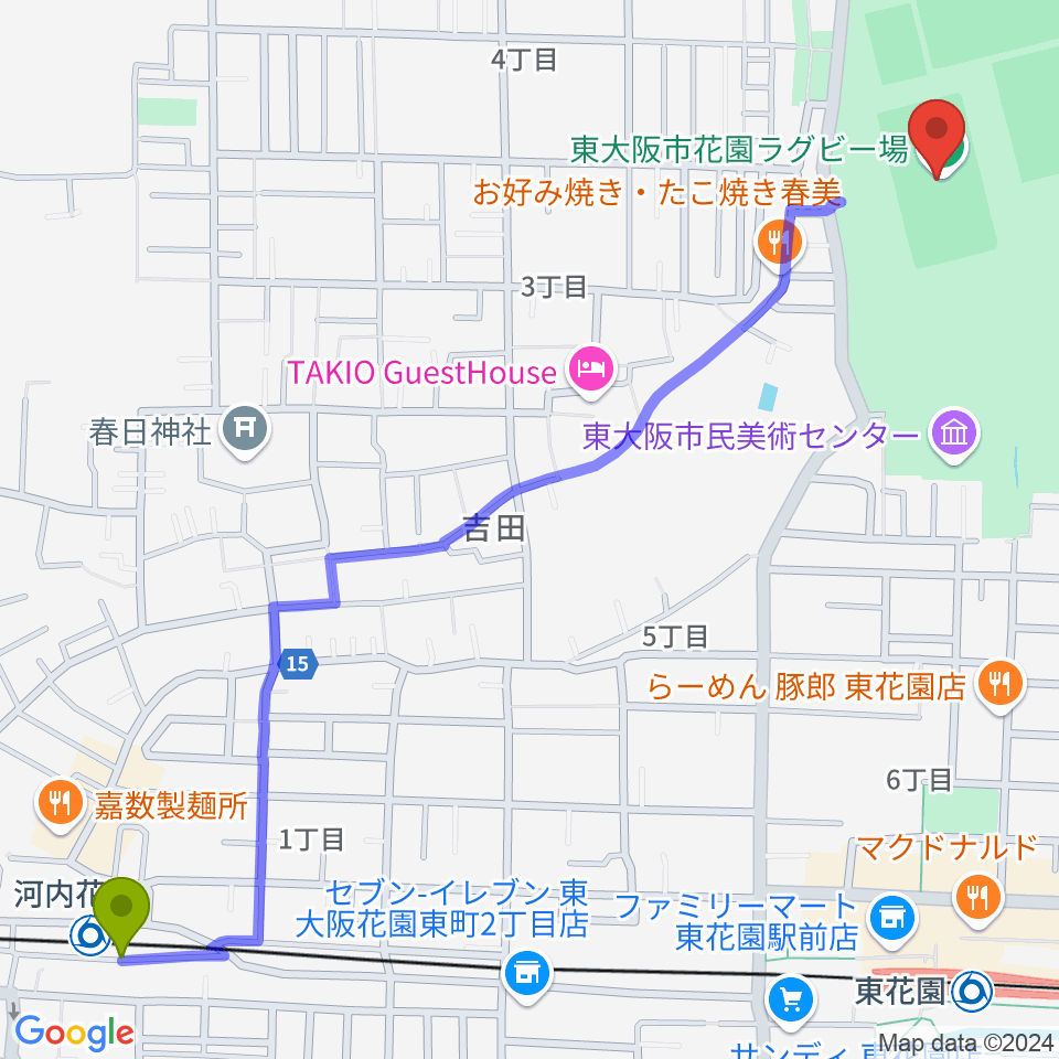 河内花園駅から東大阪市花園ラグビー場へのルートマップ地図