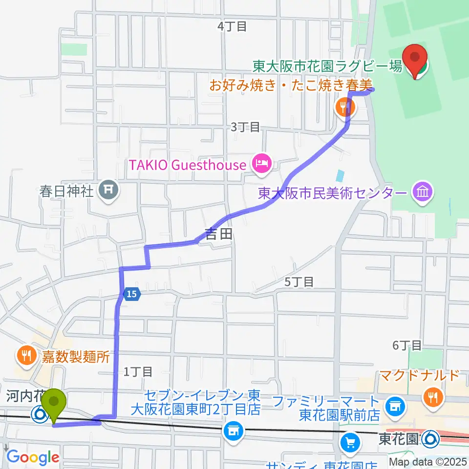 河内花園駅から東大阪市花園ラグビー場へのルートマップ地図