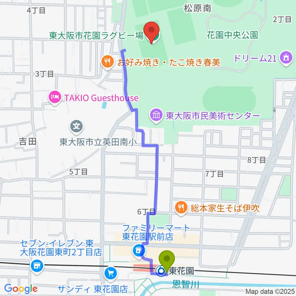 東大阪市花園ラグビー場の最寄駅東花園駅からの徒歩ルート（約12分）地図