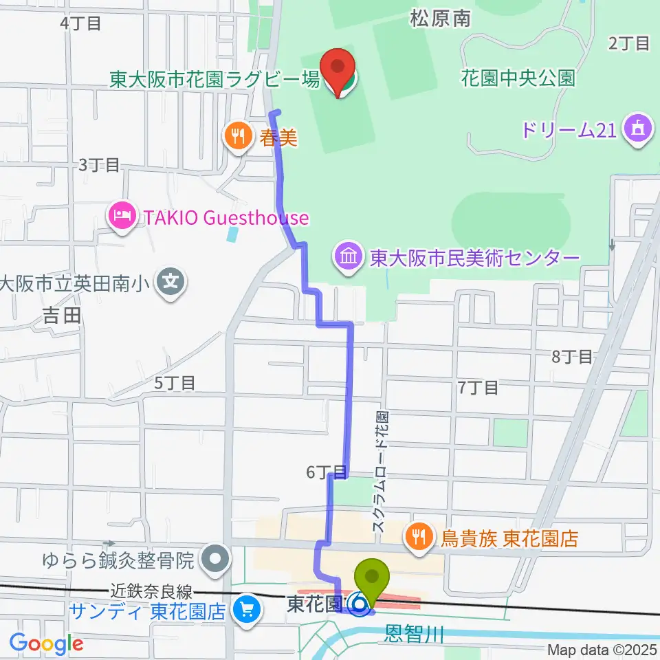 東大阪市花園ラグビー場の最寄駅東花園駅からの徒歩ルート（約12分）地図