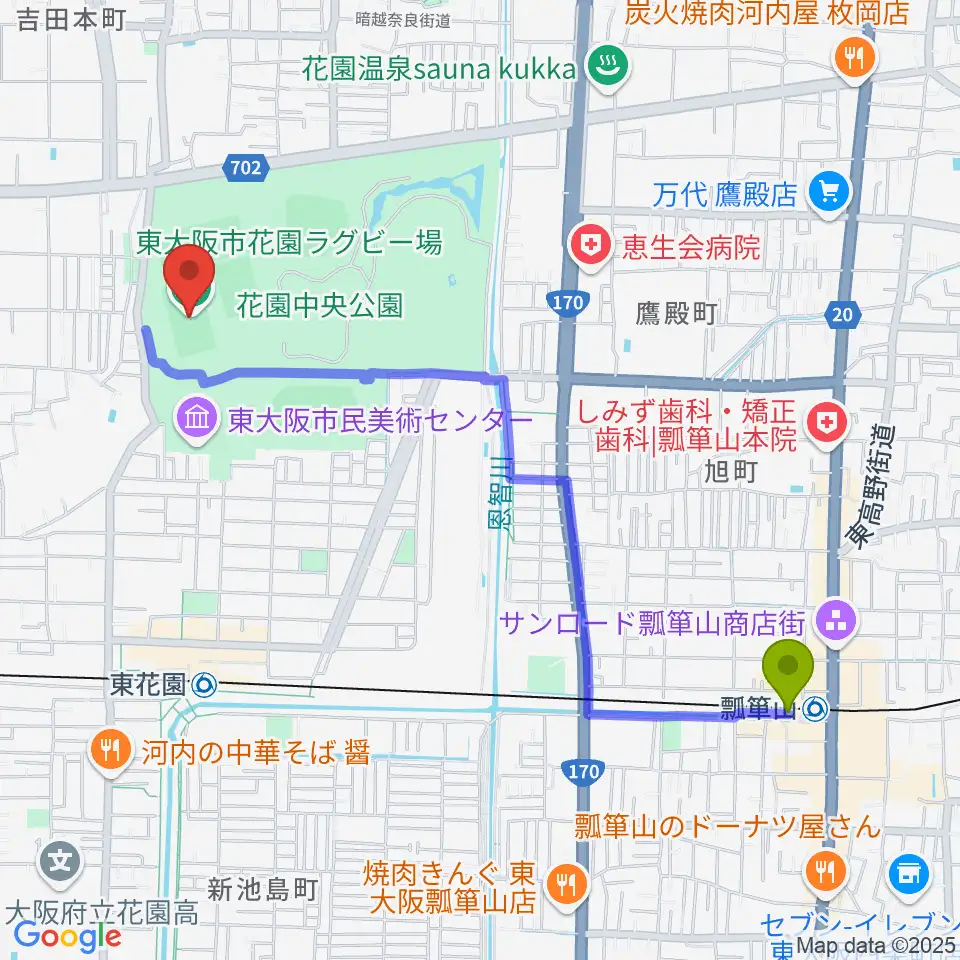 瓢箪山駅から東大阪市花園ラグビー場へのルートマップ地図