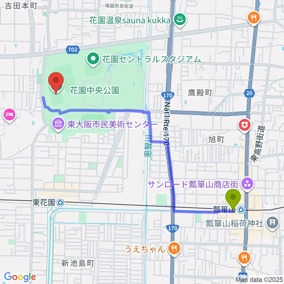 瓢箪山駅から東大阪市花園ラグビー場へのルートマップ地図
