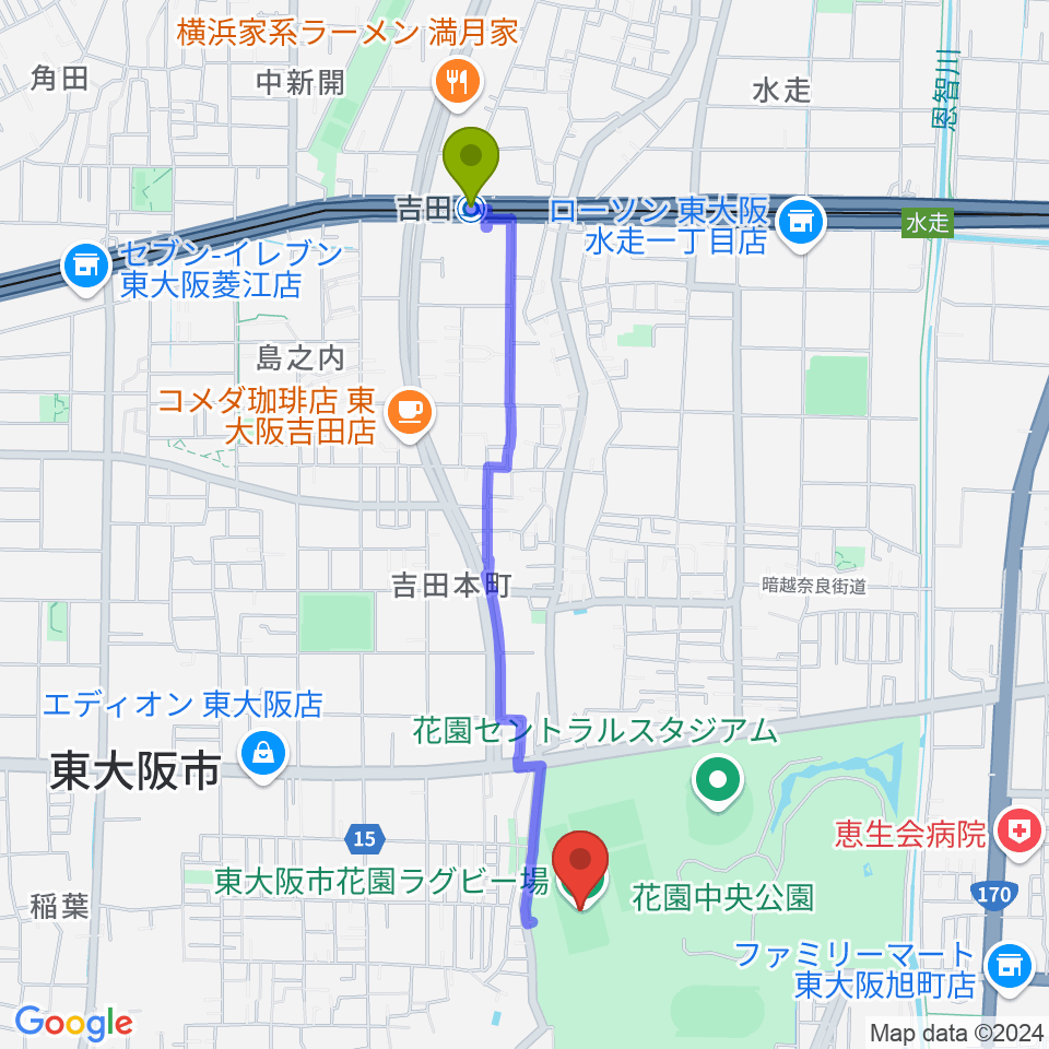 吉田駅から東大阪市花園ラグビー場へのルートマップ地図