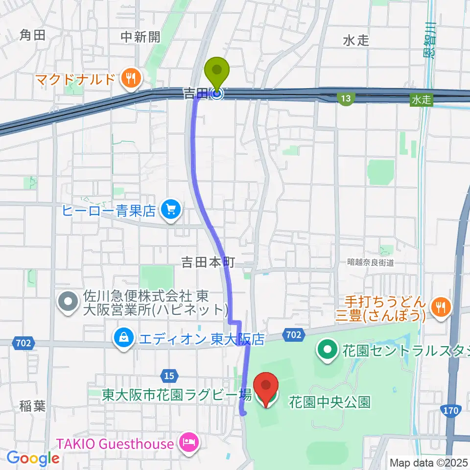 吉田駅から東大阪市花園ラグビー場へのルートマップ地図