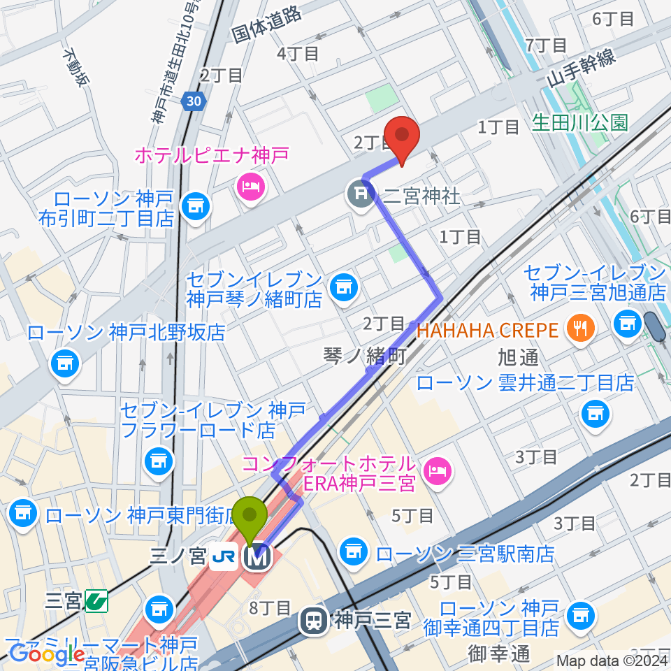 ソアースタジオの最寄駅三ノ宮駅からの徒歩ルート（約10分）地図