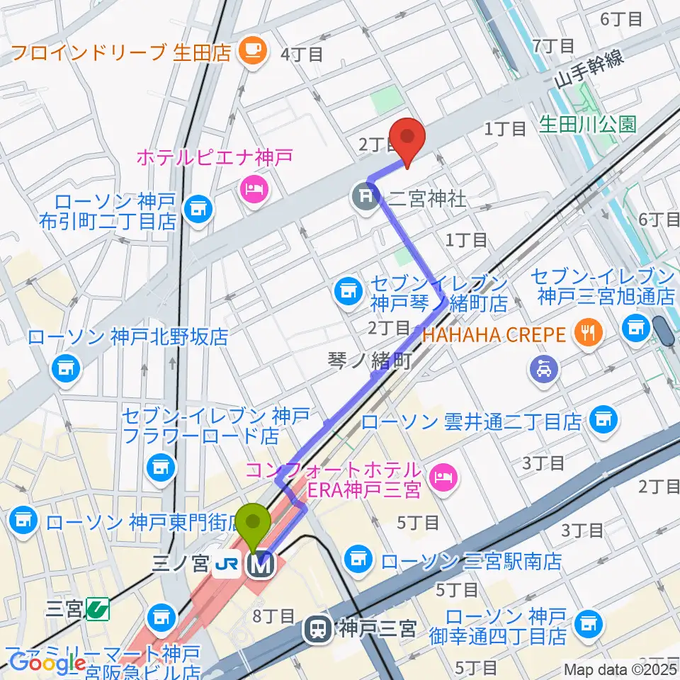 ソアースタジオの最寄駅三ノ宮駅からの徒歩ルート（約10分）地図