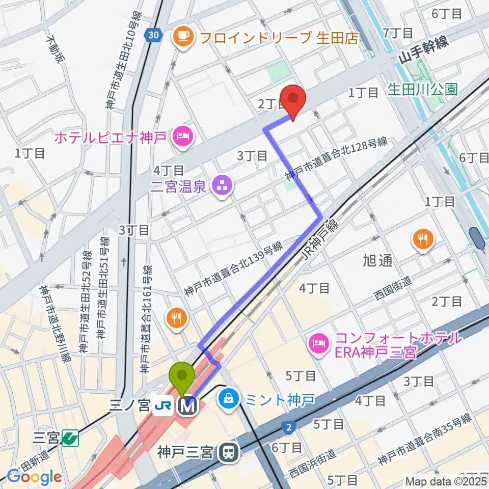 ソアースタジオの最寄駅三ノ宮駅からの徒歩ルート（約10分）地図
