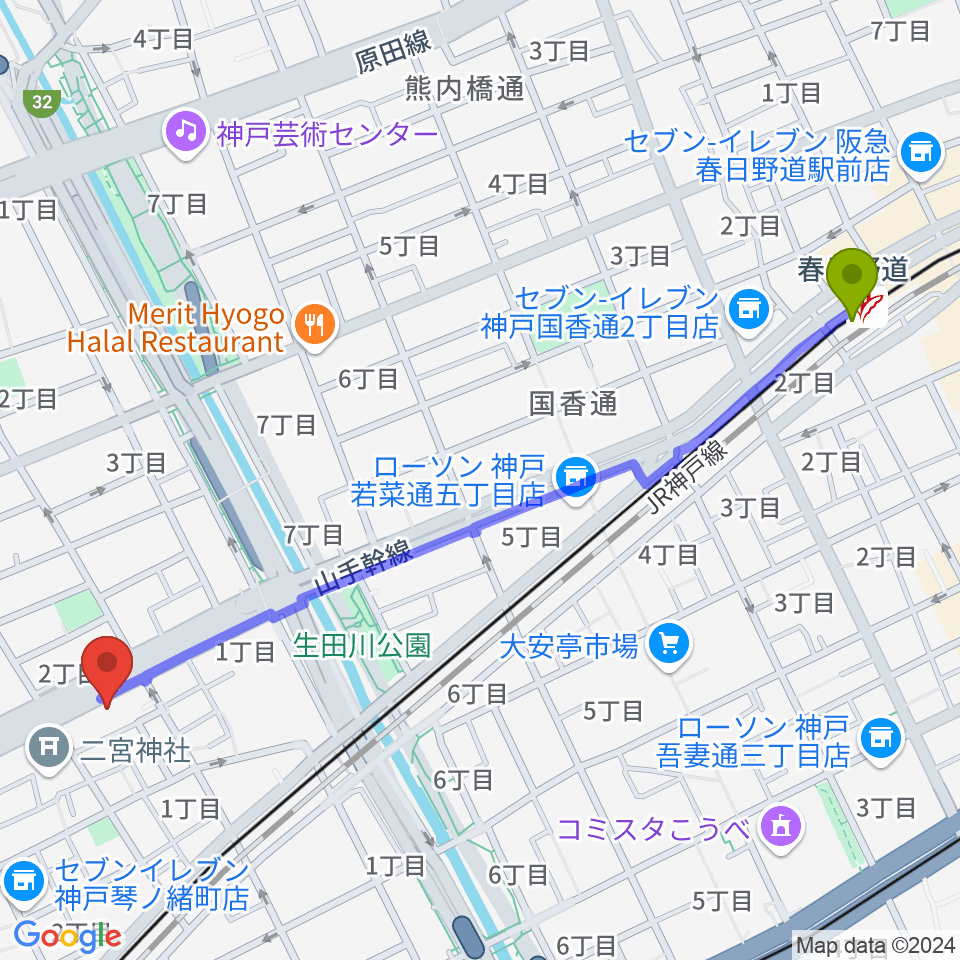 春日野道駅からソアースタジオへのルートマップ地図