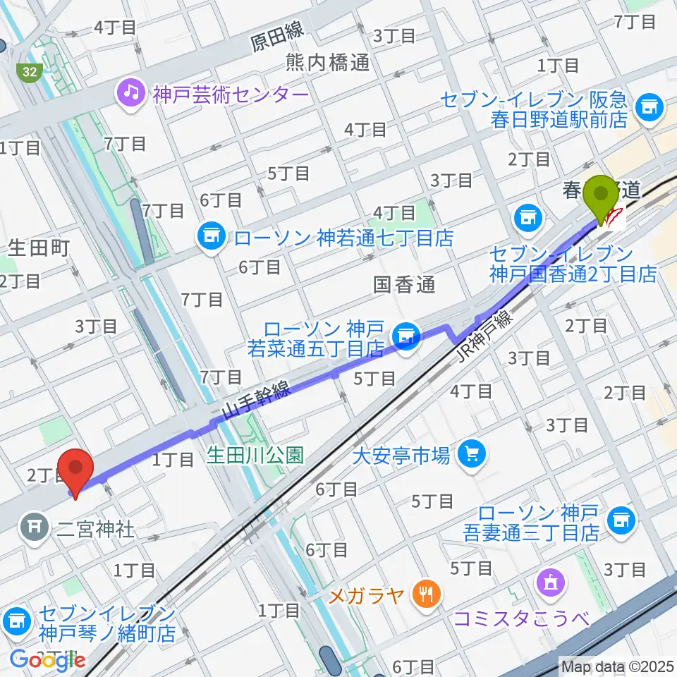 春日野道駅からソアースタジオへのルートマップ地図