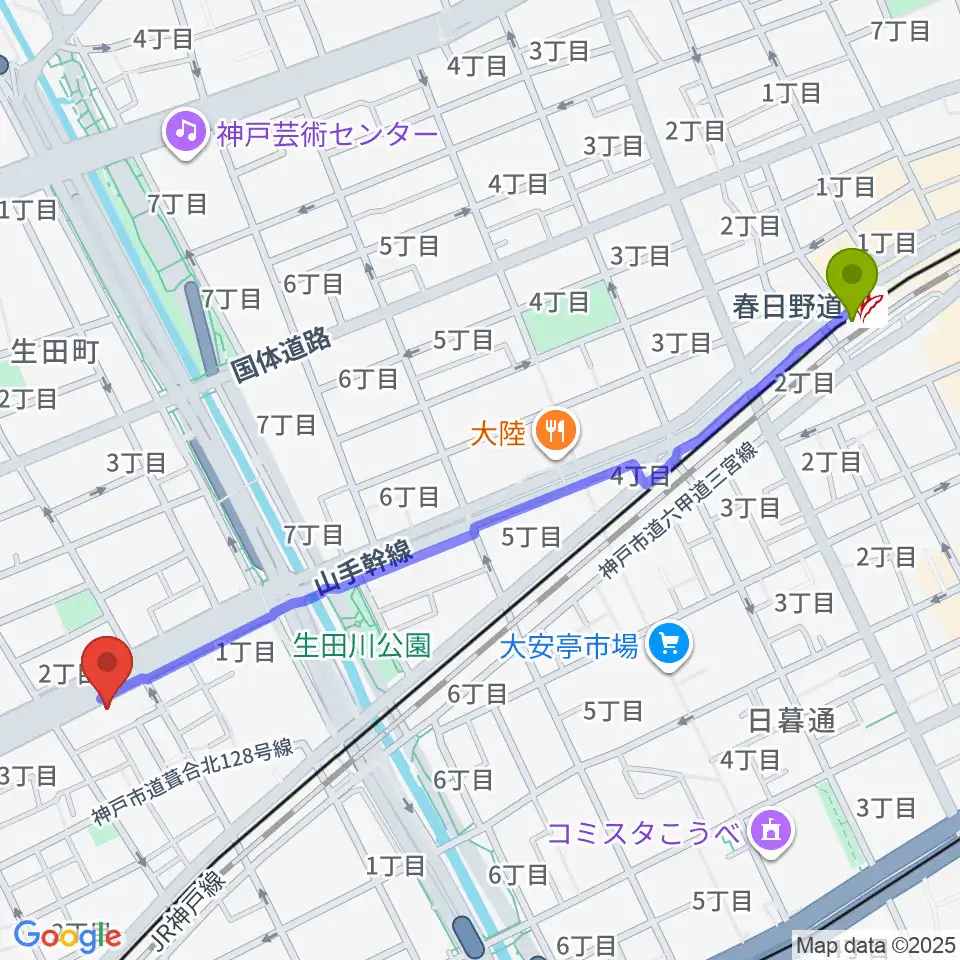 春日野道駅からソアースタジオへのルートマップ地図