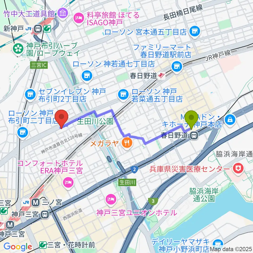 春日野道駅からソアースタジオへのルートマップ地図