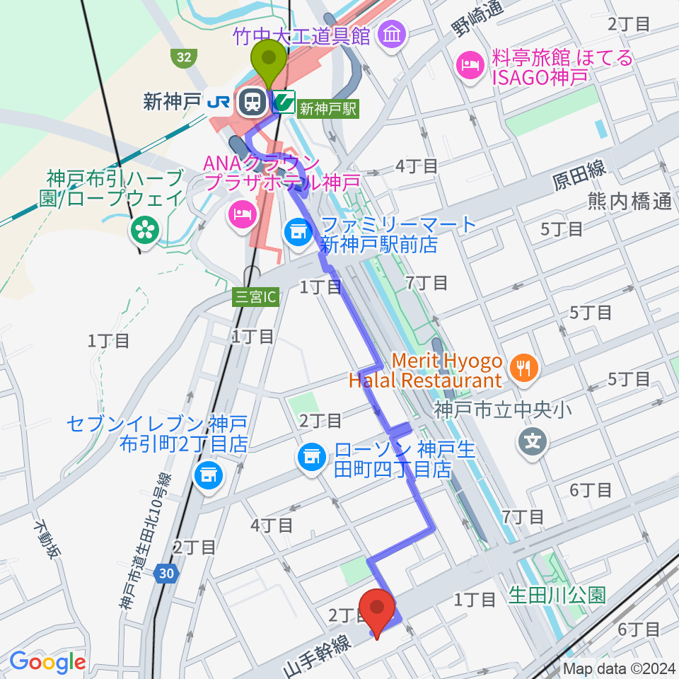 新神戸駅からソアースタジオへのルートマップ地図