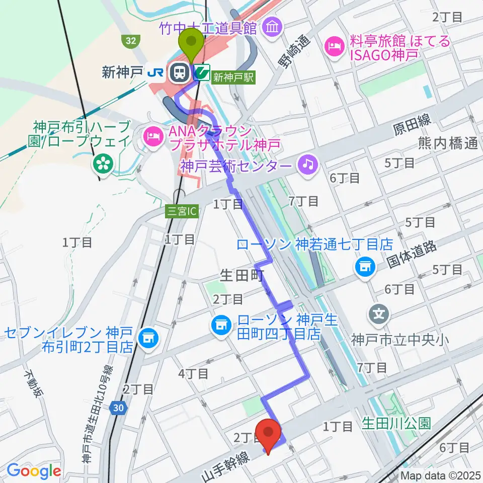 新神戸駅からソアースタジオへのルートマップ地図