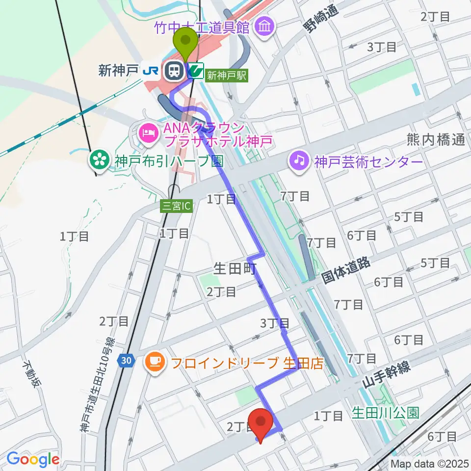 新神戸駅からソアースタジオへのルートマップ地図
