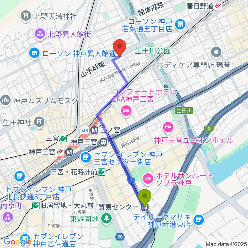 貿易センター駅からソアースタジオへのルートマップ地図