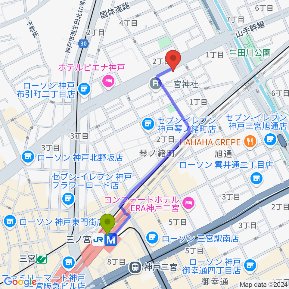 ソアー音楽教室の最寄駅三ノ宮駅からの徒歩ルート（約10分）地図