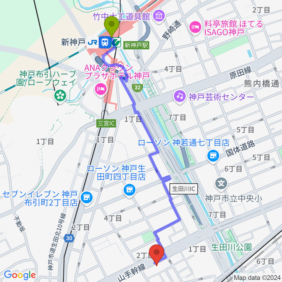 新神戸駅からソアー音楽教室へのルートマップ地図