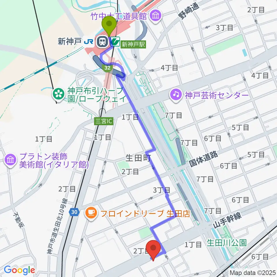 新神戸駅からソアー音楽教室へのルートマップ地図