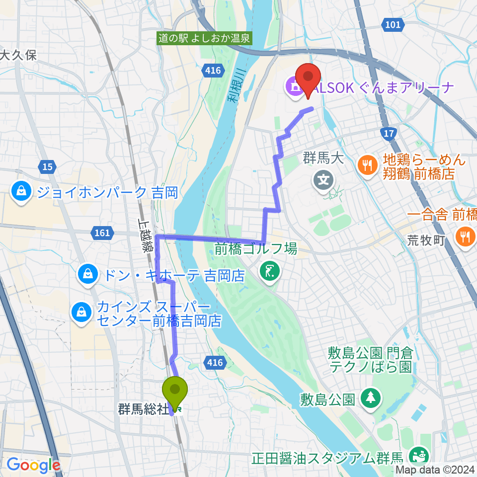 ALSOKぐんま武道館の最寄駅群馬総社駅からの徒歩ルート（約44分）地図