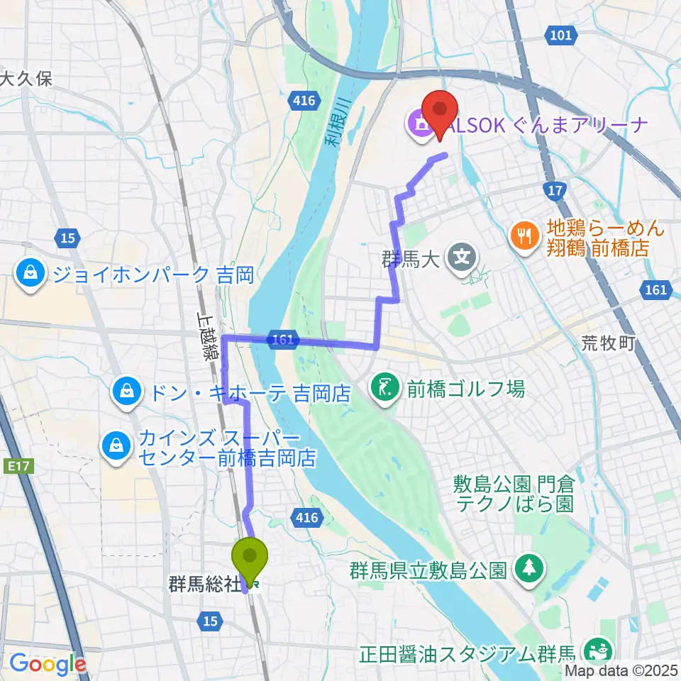 ALSOKぐんま武道館の最寄駅群馬総社駅からの徒歩ルート（約44分）地図