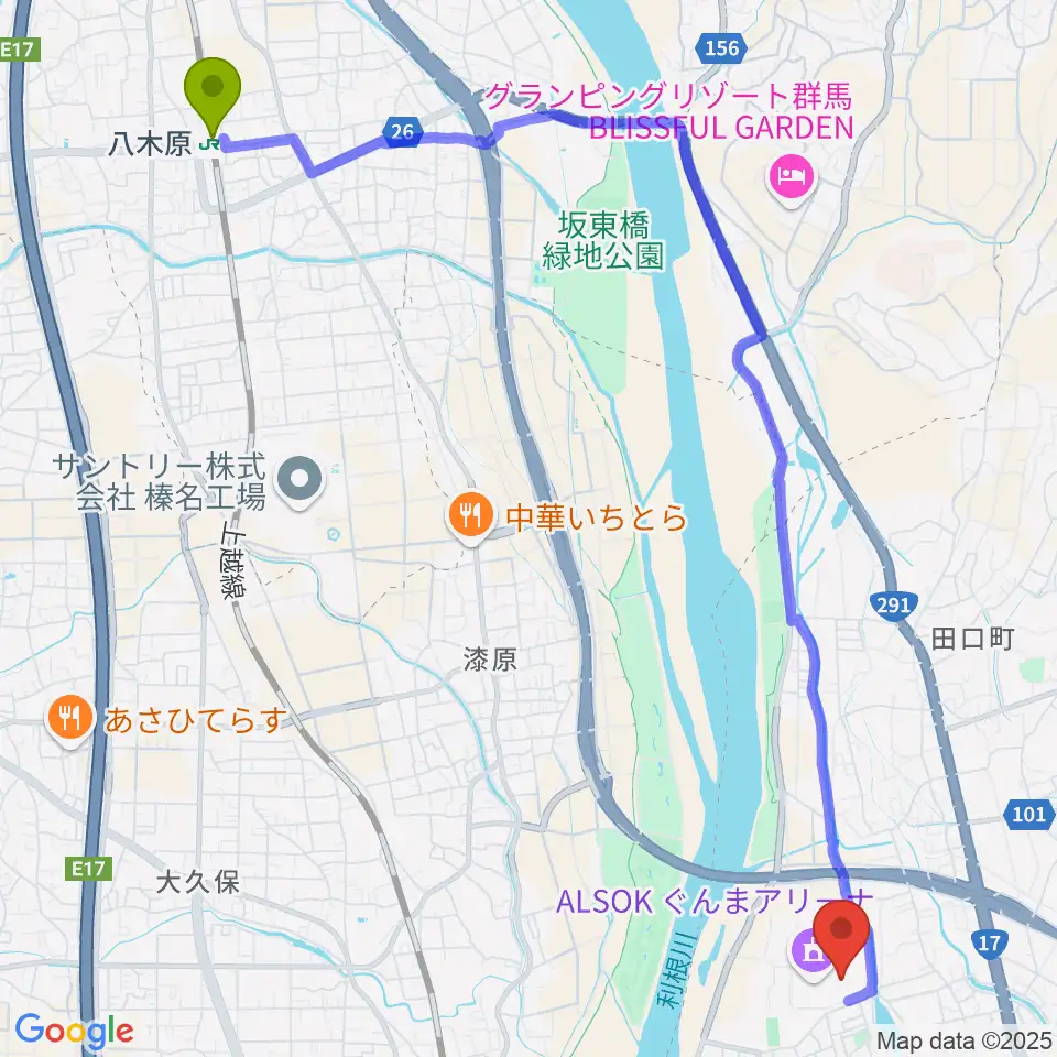 八木原駅からALSOKぐんま武道館へのルートマップ地図